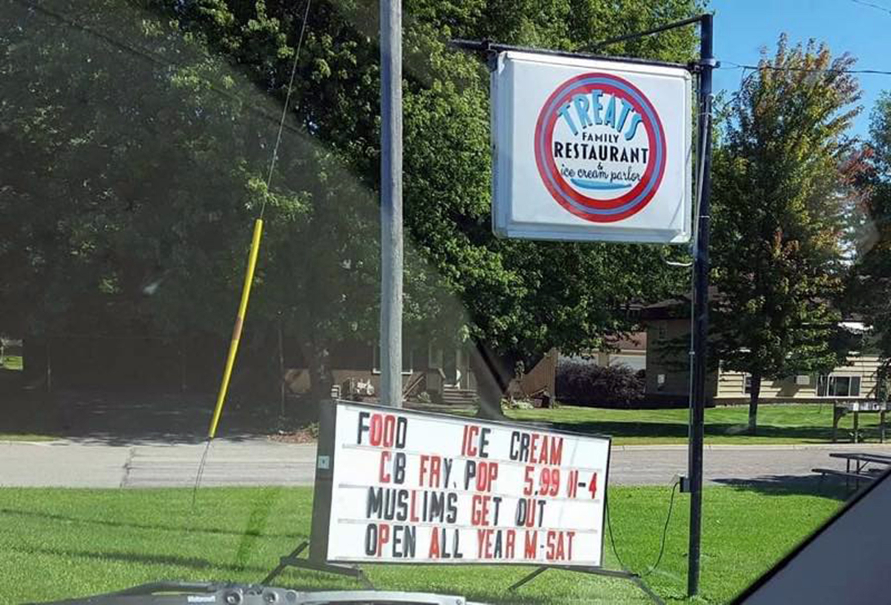 “Muslims Get Out” Sign Installed by a Restaurant in Lonsdale, Minnesota